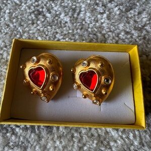 leslie block Gold-Tone Heart Earrings with Red Center Stones